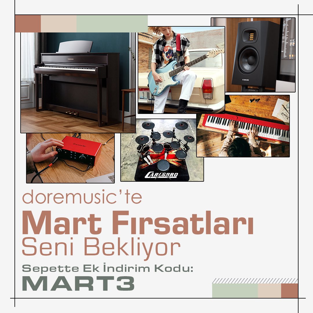 🌿Mart ayında favori enstrümanlarınıza ekstra indirim koduyla sahip olabilir, bahar aylarında müziğin tadını doyasıya çıkarabilirsiniz.🎸🥁🎹 Bu özel fırsatları kaçırmayın, hemen alışverişe başlayın!🙌🏻 Sepette Ek İndirim kodu: MART3 ✨ do-re.com.tr #doremusicheryerde