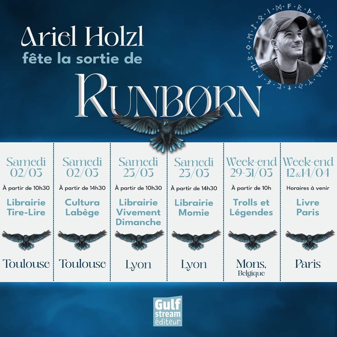Plus que quelques jours avant la parution de Runbørn ⚔️

Pour fêter ça, Ariel Holzl pose ses bagages un peu partout en France (et en Belgique!) et vient vous rencontrer en dédicaces 💙Ça commence dès aujourd'hui !