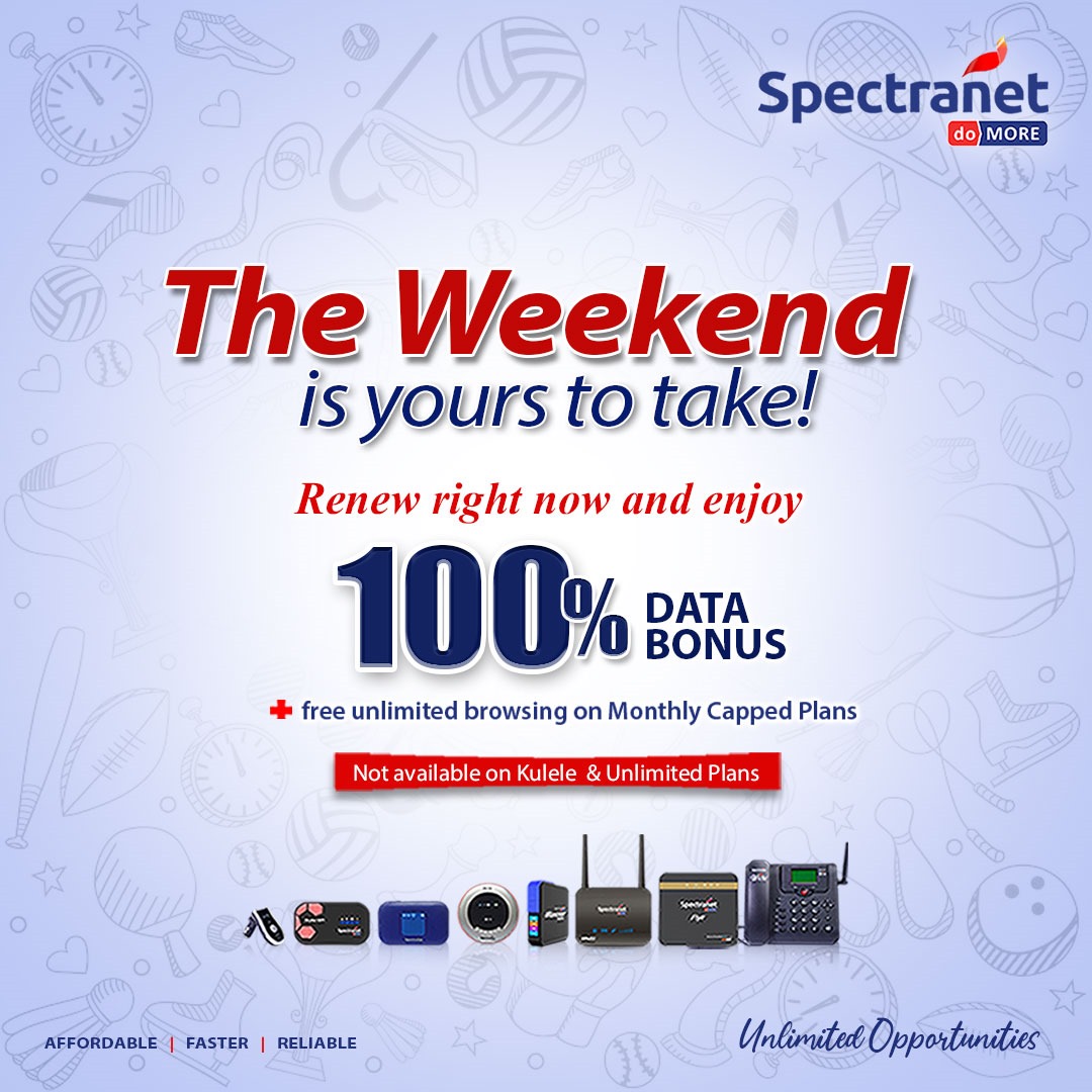 Spectranet_NG's tweet photo. It's Payday Weekend.T
ime to Renew your Data Account! It's even better with 100% Extra Double Data Offer!
Get 2 times the value of your recharge.
Available on all DoMore Data plans.
Today Mar 2nd 2024. Offer ends today at 11:59pm
#PaydayOffers #DoubleYourData with #Spectranet https://t.co/WH4zGp5a2G