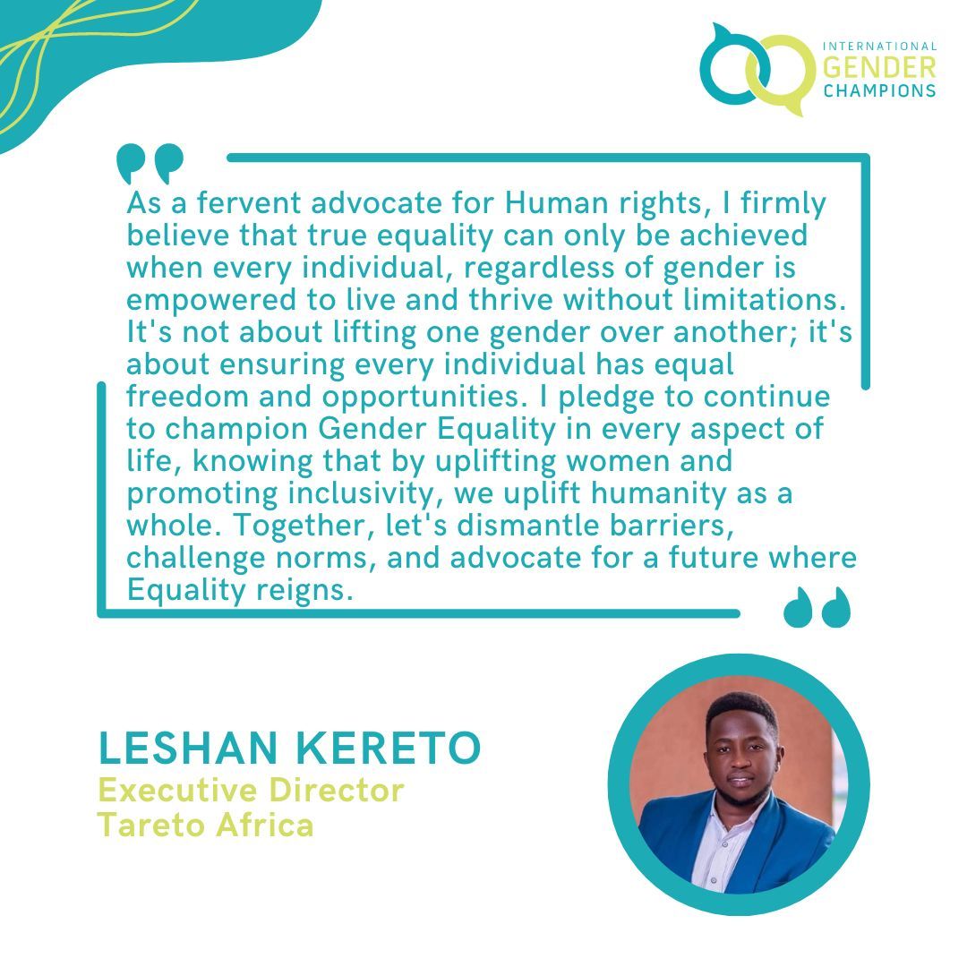 Welcome among the #INTGenderChampions in Nairobi, Leshan Kereto of Tareto Africa! Read his commitments for #GenderEquality: buff.ly/49Nv4Lj @africa_tareto @OleLeshan