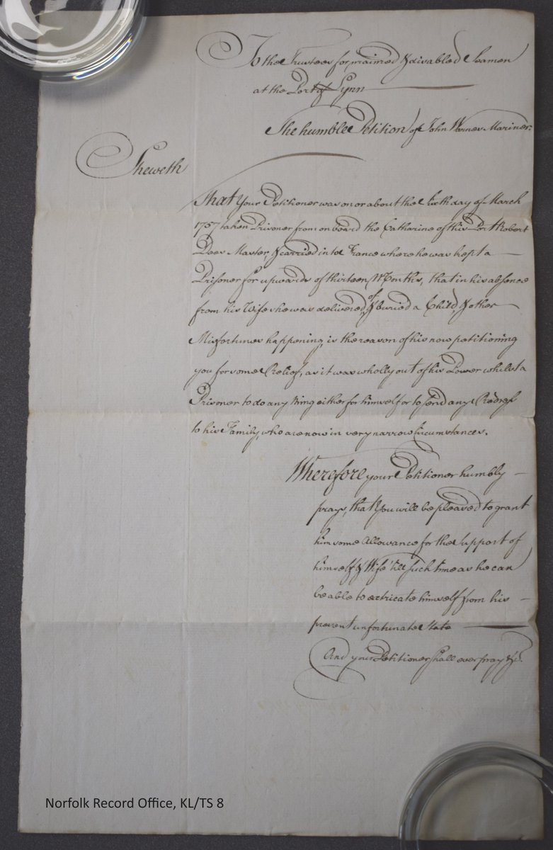 John Warnes was taken prisoner by a French man-of-war #otd 1757 and was kept a prisoner for 13 months. Upon his return he applied for aid from the Trust to support his family @NorfolkRO