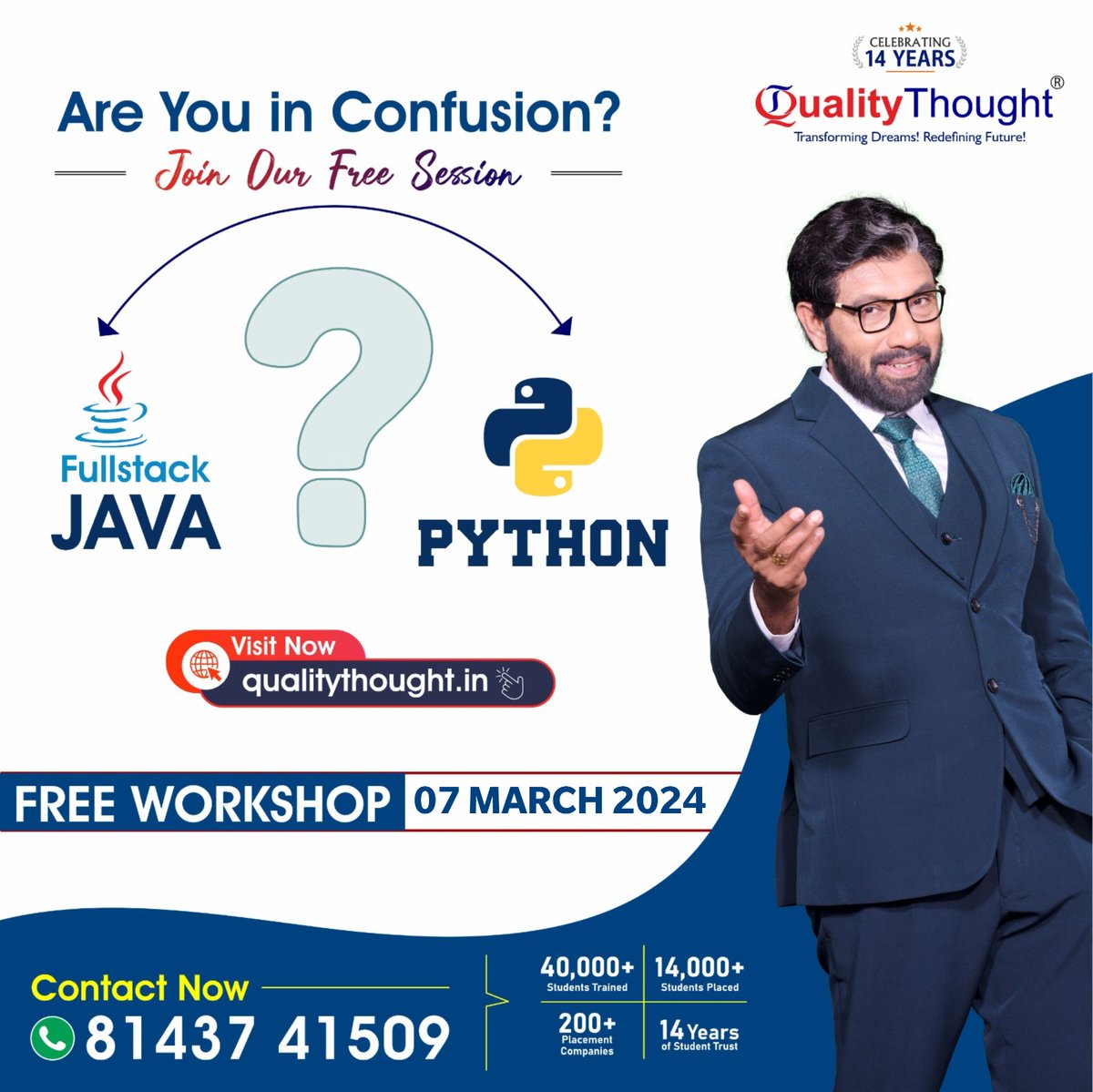 QTTWorld's tweet image. Join our FREE Workshop on Java or Python
FREE Session on 07th March 2024.
Contact - 81437 41509
🌐Register for the Course: qualitythought.in/registernow
#fullstackjava #javadeveloper #fullstackjavacourse #javascript #javascriptdeveloper #javacourse #javatraining #qualitythought