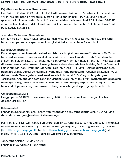 GEMPABUMI TEKTONIK M4,9 DIRASAKAN DI KABUPATEN SUKABUMI, JAWA BARAT