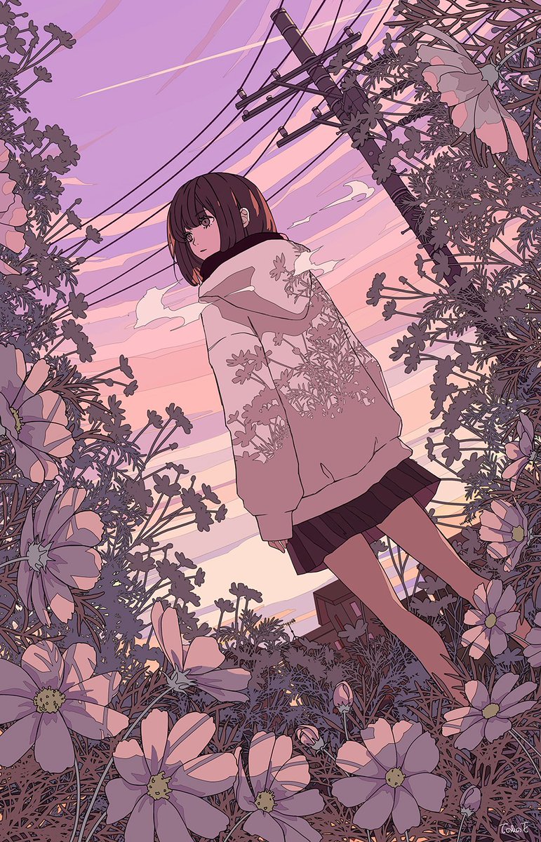 1girl solo power lines skirt outdoors flower brown hair  illustration images