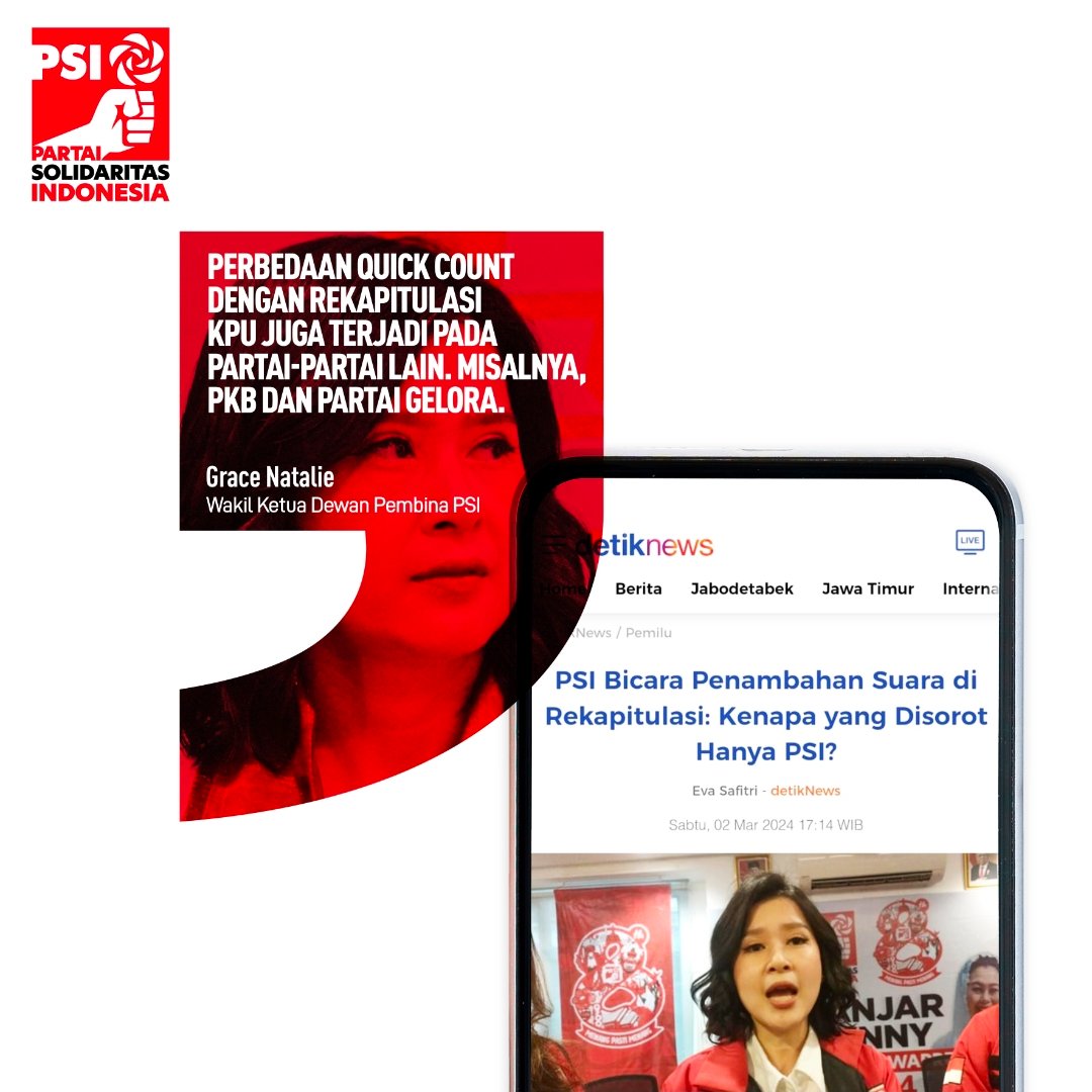 Perbedaan hasil quick count dengan rekapitulasi KPU juga terjadi pada partai-partai lain. Sis Grace Natalie mengambil contoh quick count versi Indikator Indonesia atas PKB yang hasilnya 10,65 persen tapi berdasarkan rekapitulasi KPU mencapai 11,56 persen atau ada penambahan 0,91