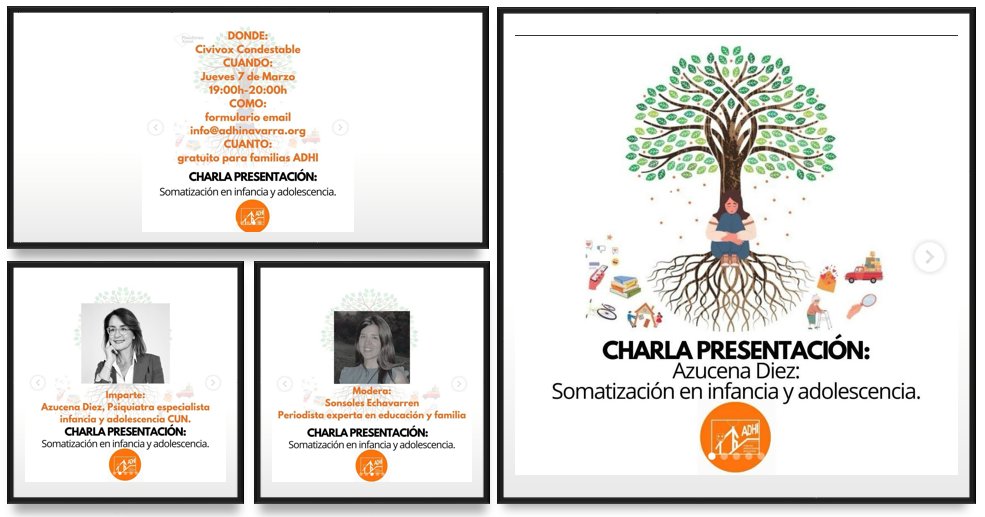 ADHI Navarra ha organizado una charla sobre somatización en la infancia y adolescencia, un tema que nos preocupa mucho. La ponente es Azucena Diez, psiquiatra de la CUN. No os lo perdáis este próximo jueves 7 de marzo. ¡Merece la pena!