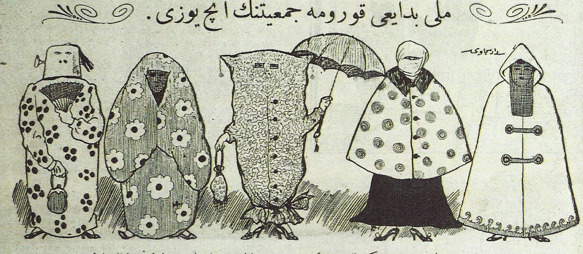 1922'de Türkiye'deki tesettür tartışmaları hakkındaki bu karikatürde Milli Bedayi Koruma Cemiyeti'nin tesettür modeli belirleme çalışmaları eleştiriliyor.
Tesettür, II. Meşrutiyet sonrasında basında sık sık tartışılır, karikatürler yayınlanırdı.

Sedat Simavi, Güleryüz, 3.8.1922