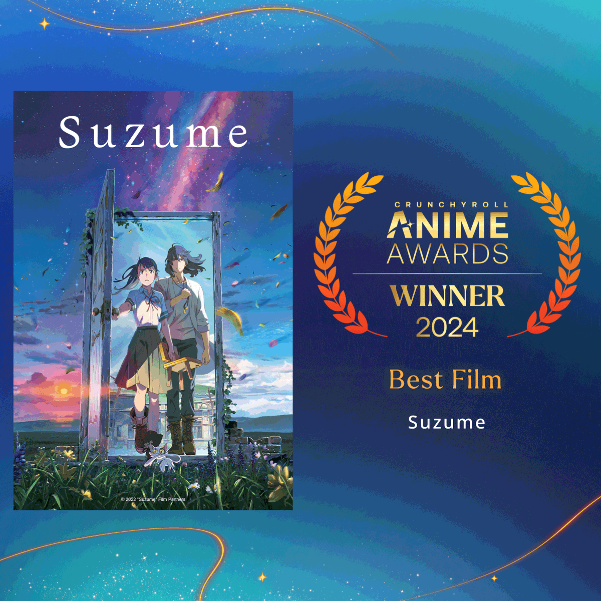 TheAnimeAwards's tweet image. A journey that captivated audiences worldwide, Suzume takes home the award for Best Film! #AnimeAwards

✨ More: got.cr/aa24winners-tw