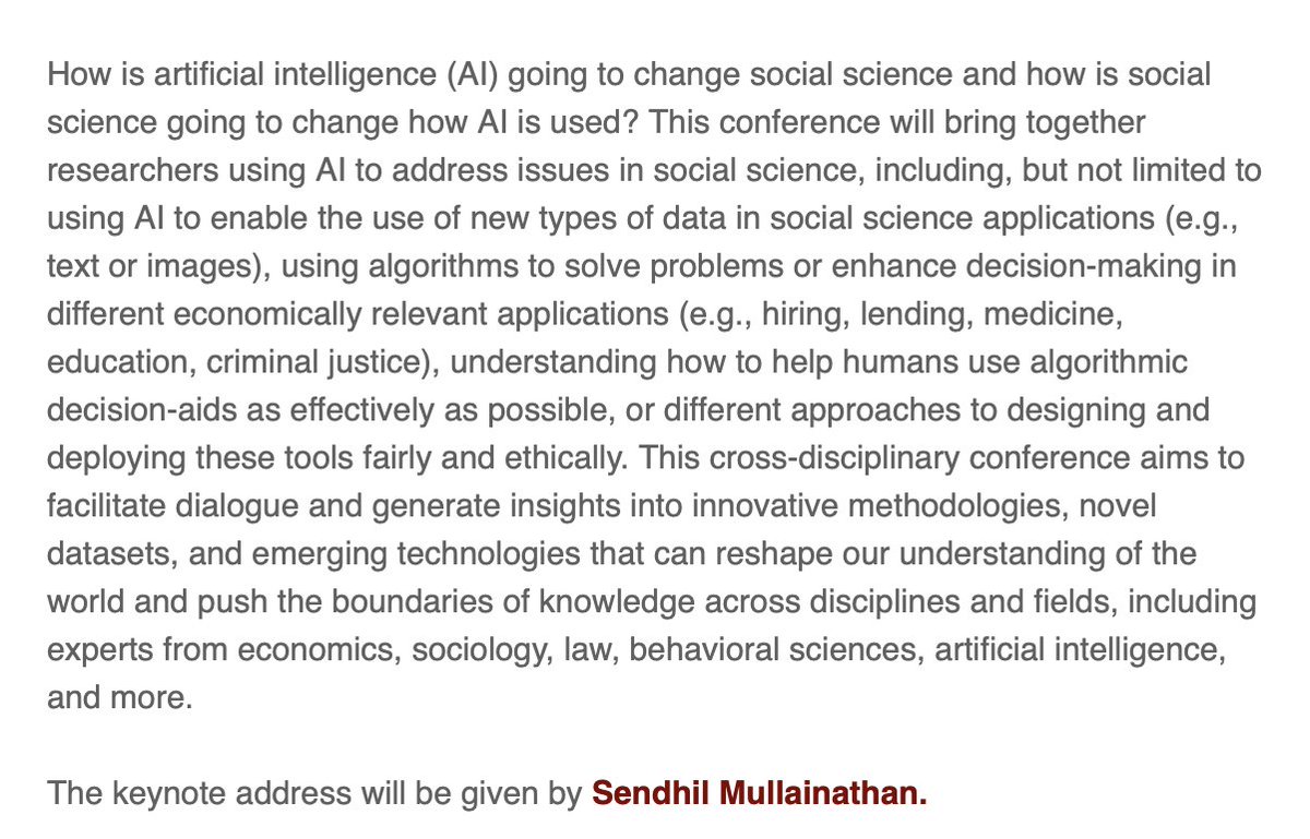 Call for papers: 'AI in Social Science Conference 2024' — organized by @aadukia & Jens Ludwig Sep 19-20 in Chicago **Deadline: May 1** mailchi.mp/uchicago.edu/2…