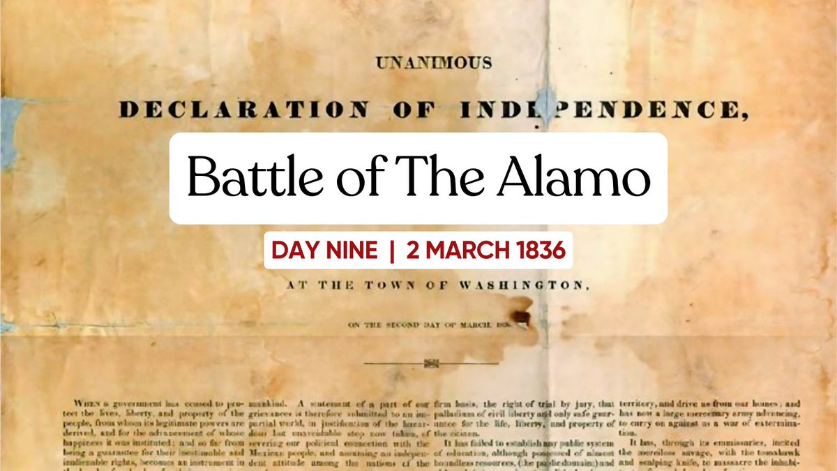 beverlyalford's tweet photo. Battle of the Alamo  |  Day Nine: March 2, 1836

Unknown to the defenders at the Alamo, delegates from all parts of the Texas settlement bravely met at Washington, TX to make a formal declaration of independence from Mexico and to proclaim to the world Texas was a sovereign nation.

Ironically, nothing particularly noteworthy happened at the Alamo on March 2. Col. William B. Travis received a report there was corn at the Seguin ranch; so he sent a detatchment, headed by Lt. Menchaca, to retrieve it. Mexican forces discovered a hidden road within pistol shot of the Alamo and posted the Jimenez battalion there to cover it.

Travis—unaware of the declaration at Washington-on-the-Brazos—wrote a letter to the Convention of 1836, expressing his support for independence. To clarify the purpose of the fight to both the defenders and to the world, Travis emphasized the importance of declaring independence. He stated that under the flag of independence, he and his men were willing to risk their lives to defend Texas against the Mexican forces. Travis warned of the brutality of the enemy, referring to them as a “monster” fighting under a blood-red flag, threatening to kill prisoners and devastate Texas.

Samuel A. Maverick, a delegate to the Convention of 1836, returned to San Antonio nearly 20 years after the Battle of the Alamo. He purchased land within the Alamo compound and built his house there to be reminded of the sacrifice of the Alamo’s defenders.

#TheAlamo