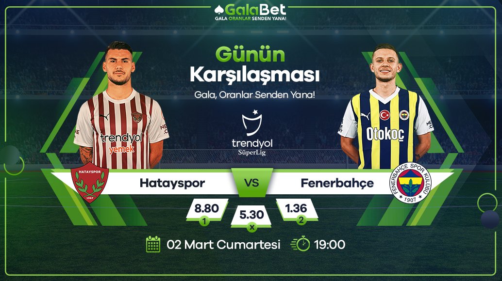 Hatayspor vs Fenerbahçe maçına bahis yapmanın tam sırası! ⚽️

📌GalaBet'te bugün, 500₺ ve üzeri yatırımlarınıza;
%10 Güne Özel Slot Bonusu
 Gala Çark Kodu
 Ve %25 Free Bet
alabilirsiniz! 
- Üstelik bahsinizin kombine olması durumunda kazancınızı %5 artırabilirsiniz.

Bahis almak