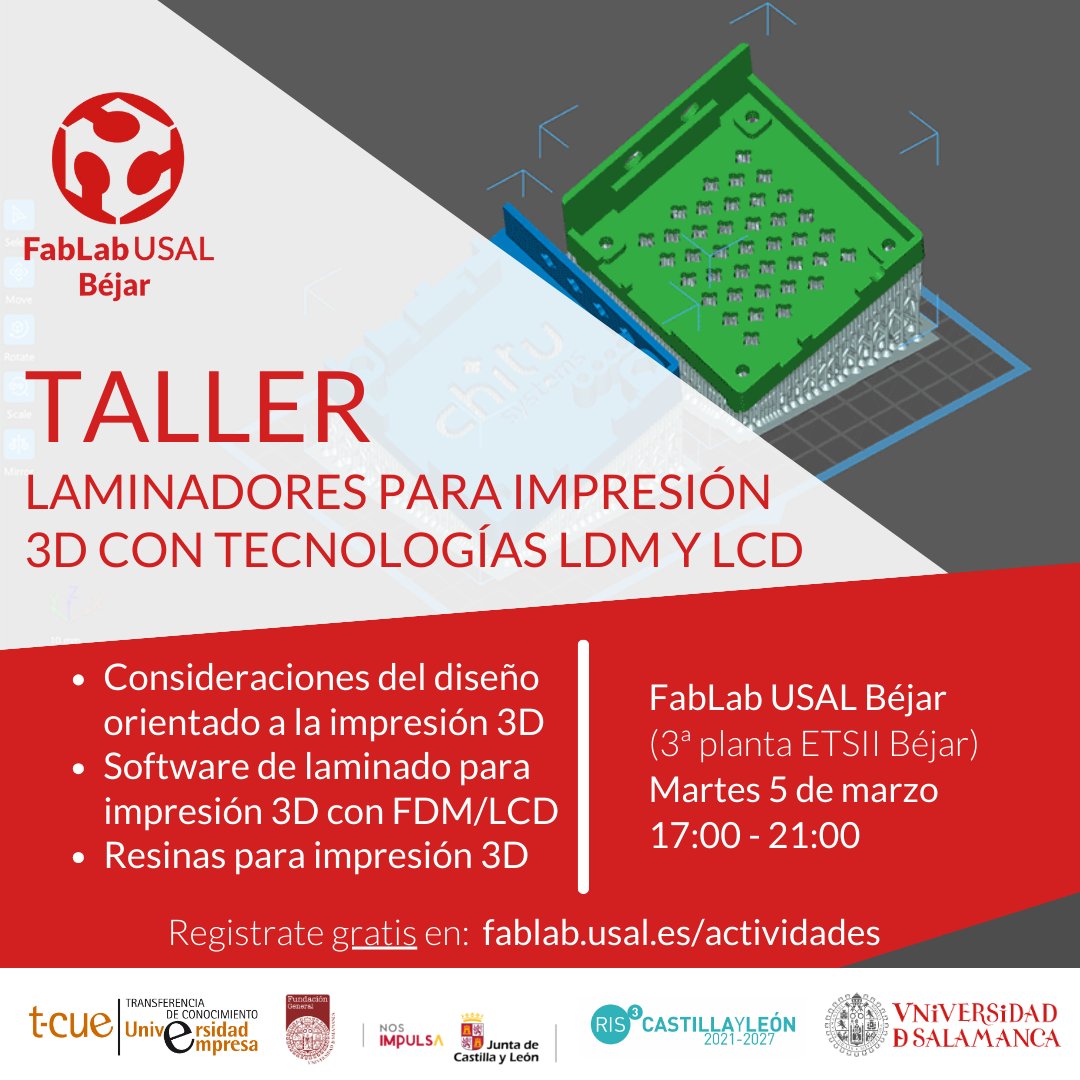 🌟 ¡Descubre la Revolución de la Impresión 3D con Tecnologías LDM y LCD! 🌟

📝 forms.gle/D5W7qMrBRpXiqi…
📆 5 mar
⌚ 17-21h
🌐 FabLab USAL Béjar 
❗ Portátil propio

#Impresión3D #Tecnología #LDM #LCD #FabricaciónDigital

@etsii_bejar
@fgusal
@fablabusal
@usal