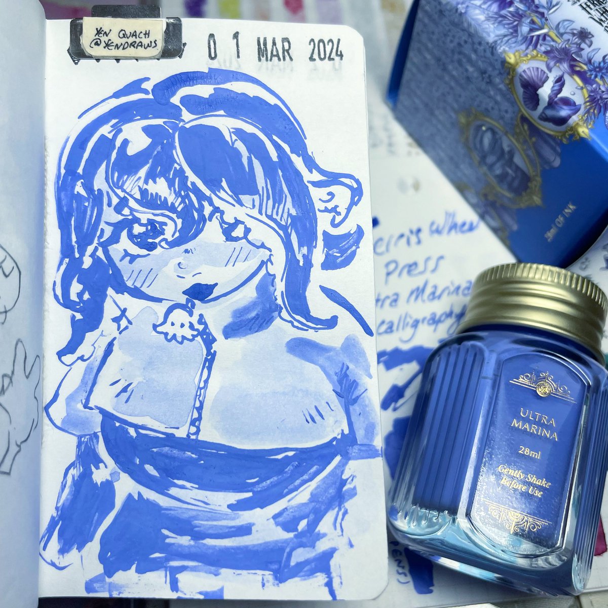YenDraws's tweet photo. Ultra Marina - Launches on March 1st 2024 🌊⛵️
⚠️ acrylic based ink!
🌟 Use code YD to get 10% off orders at @FWPStationery (linked in bio)
🌠 #draweveryday #ded2024 #ferriswheelpress #dippen #ferriswheelpress #mostmagicalink #bestink #ultramarina #calligraphyink #acrylicink https://t.co/vVcAGPYgh6