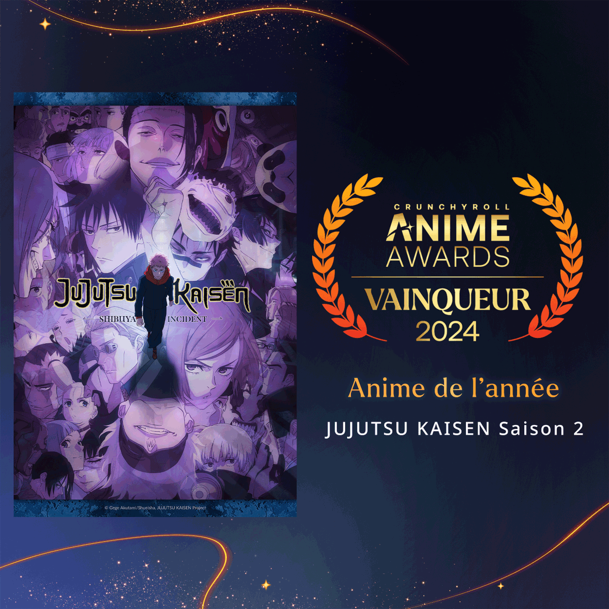 @SpyFamilyAnime @Chainsaw_FR @Jujutsu_anime @kimetsu_fr @ADNanime LE GRAND GAGNANT DE L'ANNÉE EST LÀ. 👏 Jujutsu Kaisen S2 remporte l'Award de l'Anime de l'Année ! 🏆 #animeawards