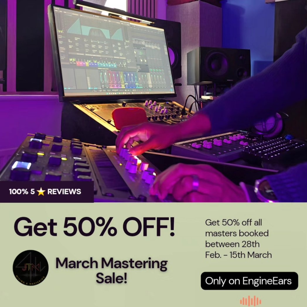 JTMmix_Master's tweet image. Save big on your next Mix or Master!

engineears.com/jtm-mixing_mas…

Get 50% off all bookings from now until 15th March. 
CODE: JTM-MAR24-50 

#mixing #masteringengineer #mixingengineer_ #mastering #audiomastering #audiomixing #mixingandmastering #jtmmixingandmastering #engineears