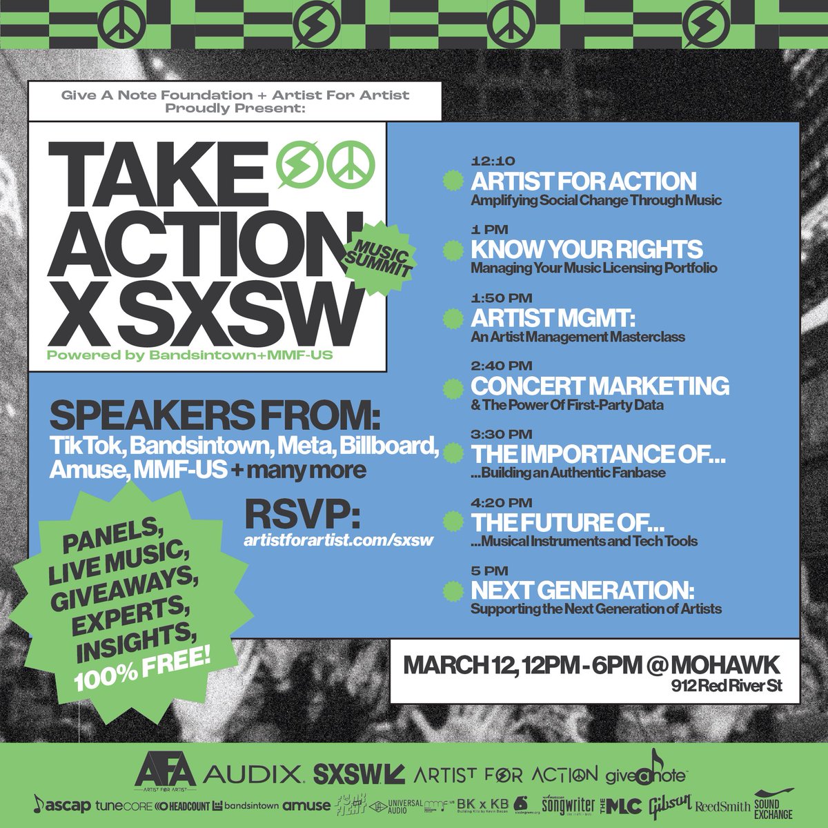 Artist For Artist (@afamgmt) on Twitter photo TAKE ACTION x SXSW is proudly presented by <a href="/GiveANote/">Give A Note</a> + Artist For Artist + <a href="/afaventures/">Artist For Action</a> on March 11+12 <a href="/mohawkaustin/">Mohawk Austin</a> <a href="/sxsw/">SXSW</a>!
RSVP: artistforartist.com/sxsw
#sxsw #TakeActionSXSW #sxsw2024 #sxswmusic #slickrick #justblaze #bootsycollins #slickricktheruler #funk #musiceducation TAKE ACTION x SXSW is proudly presented by <a href="/GiveANote/">Give A Note</a> + Artist For Artist + <a href="/afaventures/">Artist For Action</a> on March 11+12 <a href="/mohawkaustin/">Mohawk Austin</a> <a href="/sxsw/">SXSW</a>!
RSVP: artistforartist.com/sxsw
#sxsw #TakeActionSXSW #sxsw2024 #sxswmusic #slickrick #justblaze #bootsycollins #slickricktheruler #funk #musiceducation