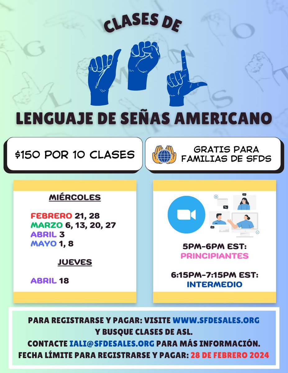 sfdesales's tweet image. You can still register! ASL Classes with SFDS!
#ASL #Brooklyn #ASLClasses