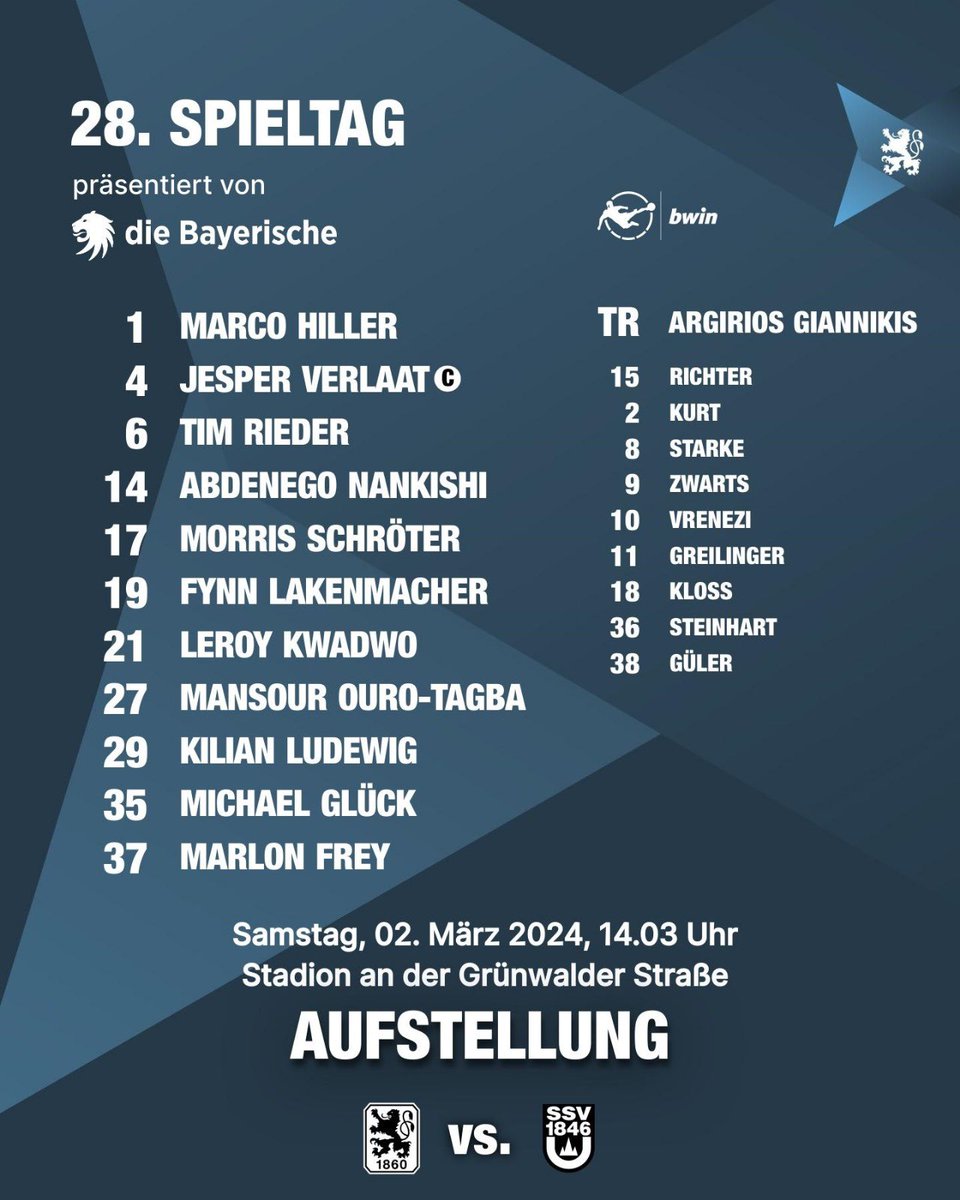 TSV1860's tweet photo. Mannschaft schickt Argirios #Giannikis ins Rennen gegen den SSV Ulm 1846 Fußball. 🦁
Julian #Guttau & Max #Reinthaler fehlen verletzungs- und krankheitsbedingt. Gute Besserung! 🍀
Die Aufstellung wird präsentiert von @dieBayerische
#M60ULM #tsv1860 #ELIL #GemeinsamFürSechzig https://t.co/gdL7FKpGN3