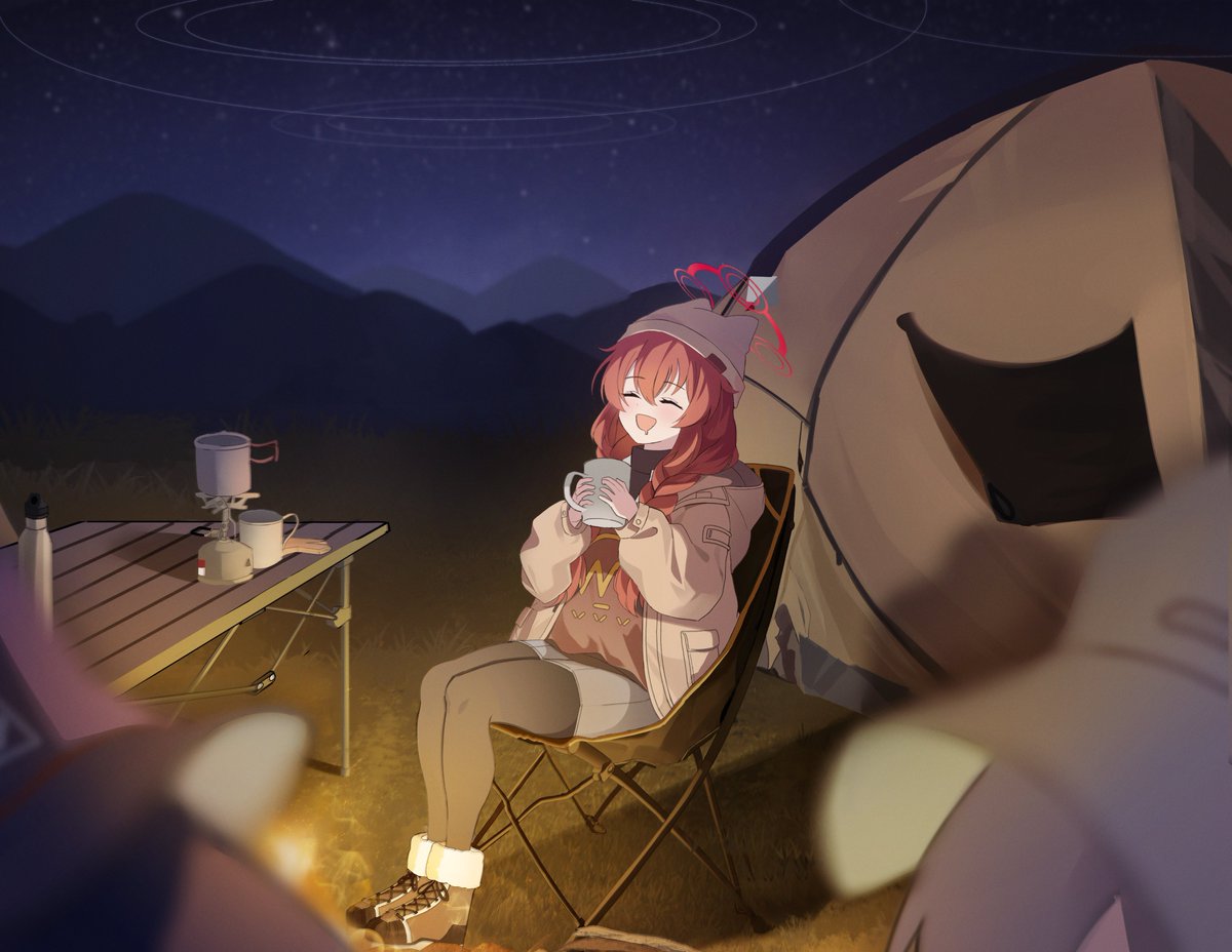 maki (blue archive) halo tent closed eyes sitting cup night outdoors  illustration images