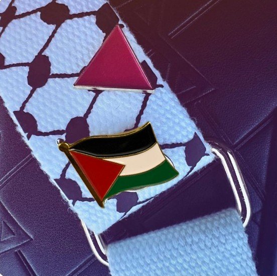 De_Rode_Lap's tweet image. De Palestijnse vlag en de 🔻 van het antifascisme, een prachtige combinatie op je jas of tas!