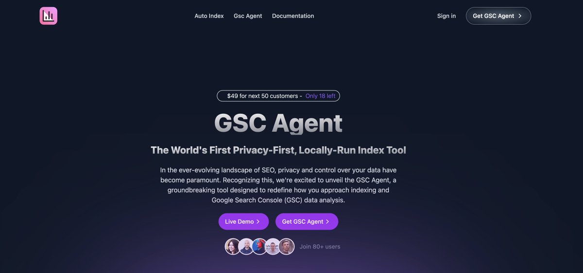 Jake Harrison (@aidailyguy) on Twitter photo I decided to give a speicial OFFER for GSC Agent -- $49 Life-Time Deal.
The world's first locally run index tool, similar to any other index tools but solve TWO pain points:
1. Pay once, use forever. No need monthy subscription fees.
2. Using your Own GSC Account, Do not worry I decided to give a speicial OFFER for GSC Agent -- $49 Life-Time Deal.
The world's first locally run index tool, similar to any other index tools but solve TWO pain points:
1. Pay once, use forever. No need monthy subscription fees.
2. Using your Own GSC Account, Do not worry