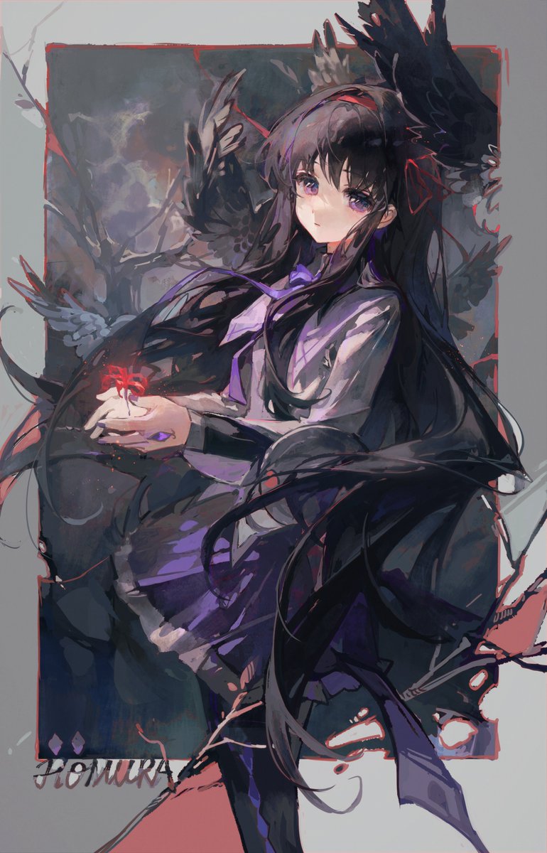 akemi homura 1girl long hair black hair purple eyes skirt ribbon solo  illustration images