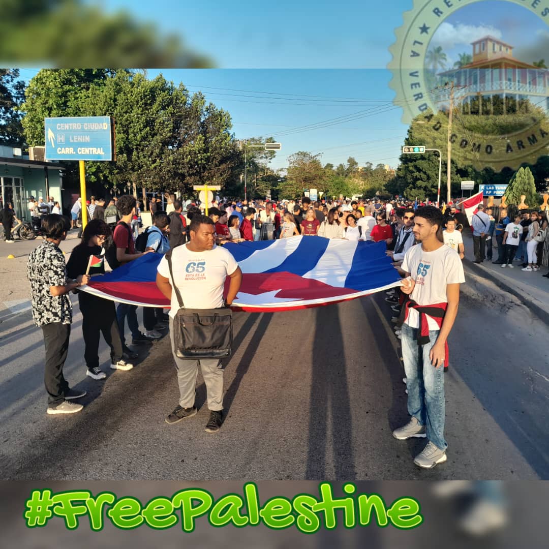 Nuestra bandera encabezando esta marcha de paz y solidaridad. #FreePalestine #HolguinSi #DeZurdaTeam