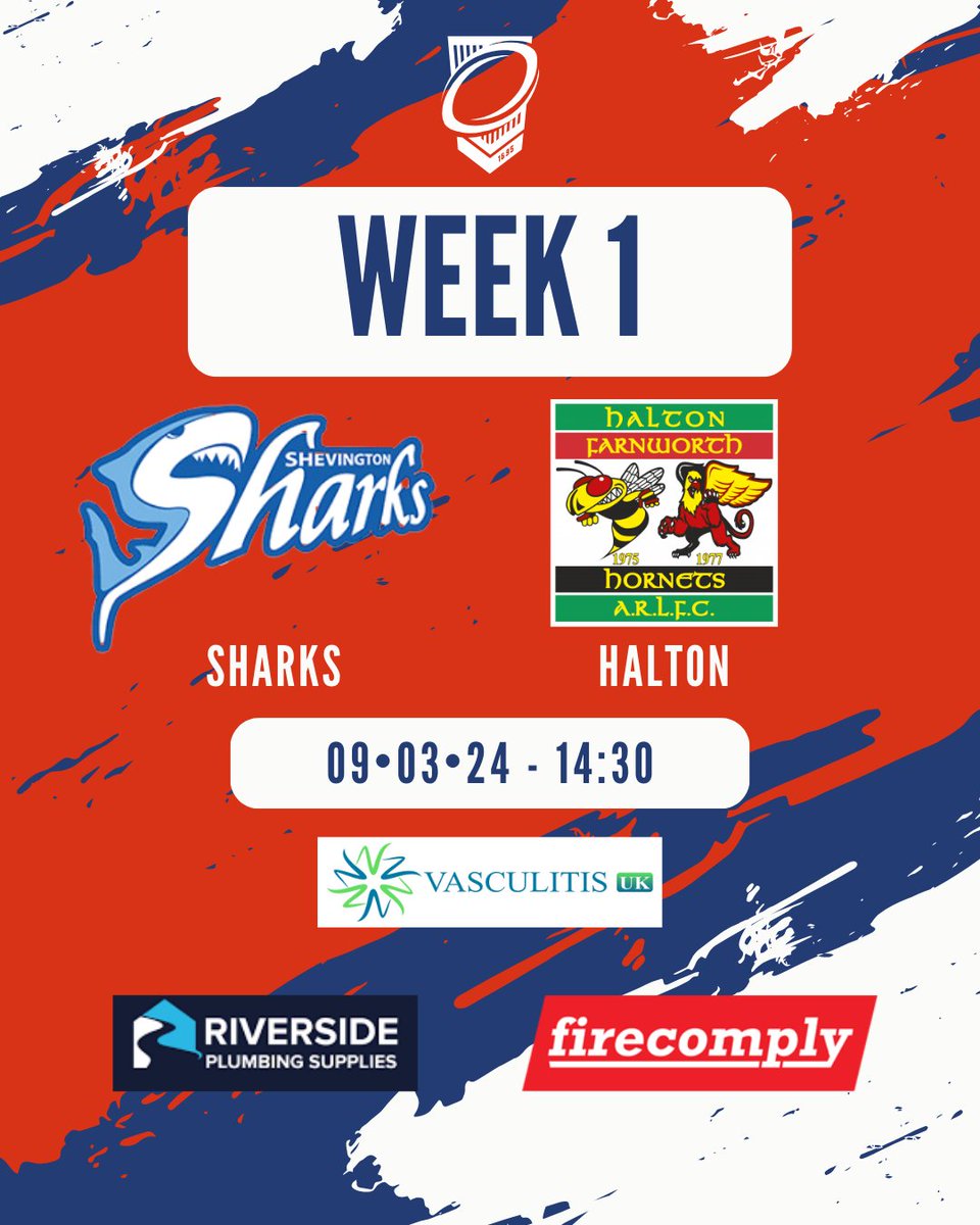Just 1 week to go until the Open Age season starts.

We begin our North West Premier campaign at Home to Halton, 2.30 k.o

Thanks to this year's sponsors for supporting the lads.

A special mention to our Charity of the Year, Vasculitis UK

Up the Sharks 🦈🔵🔴⚪