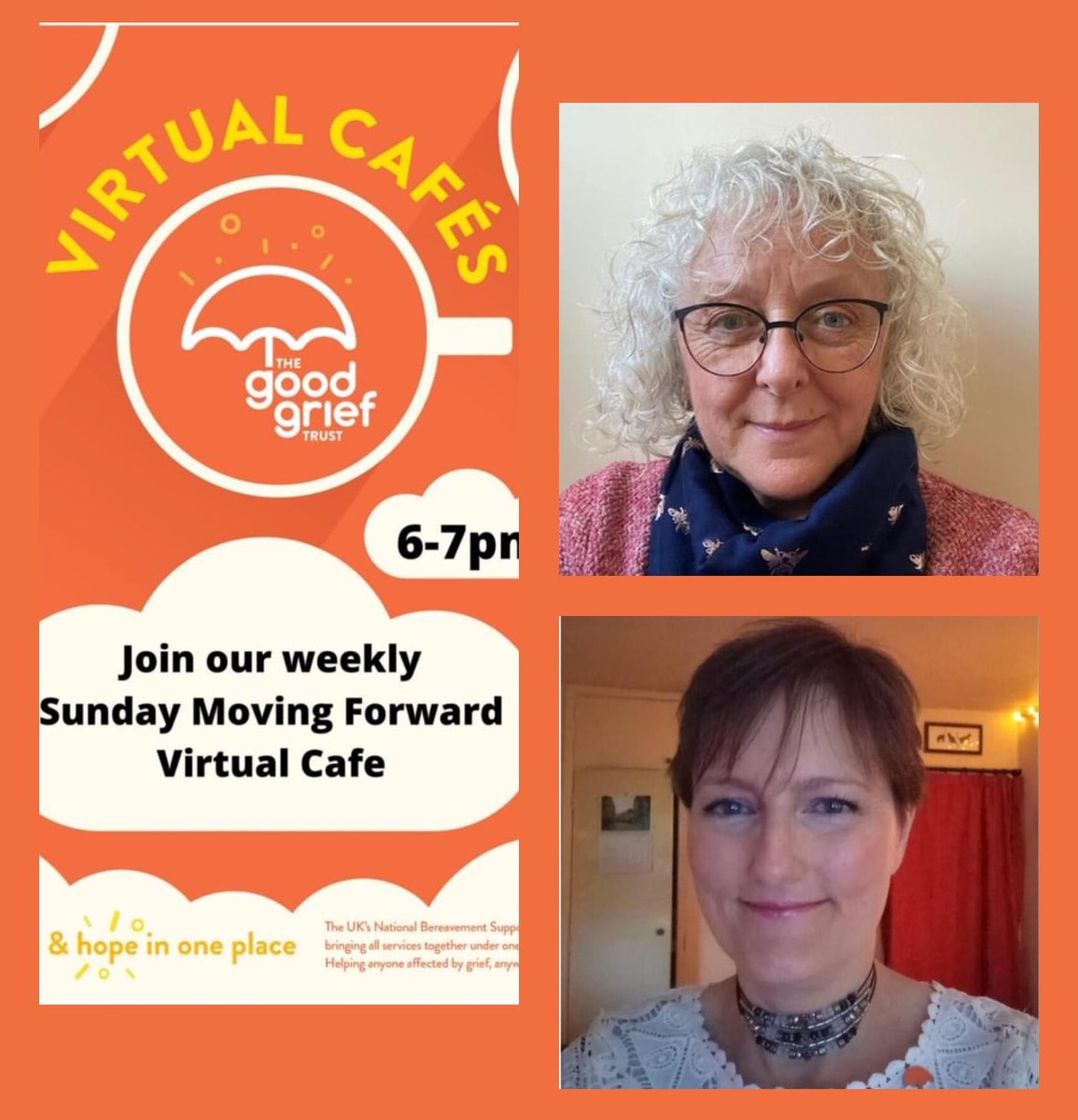 We are incredibly proud of all our volunteers who work tirelessly to support our charity.

Every Sunday evening for over 2 years, including Christmas Day, New Year’s Eve and Easter Sundays, our Virtual Sunday Moving Forward Cafe has opened, hosted by Nicky and Carol, our bereaved