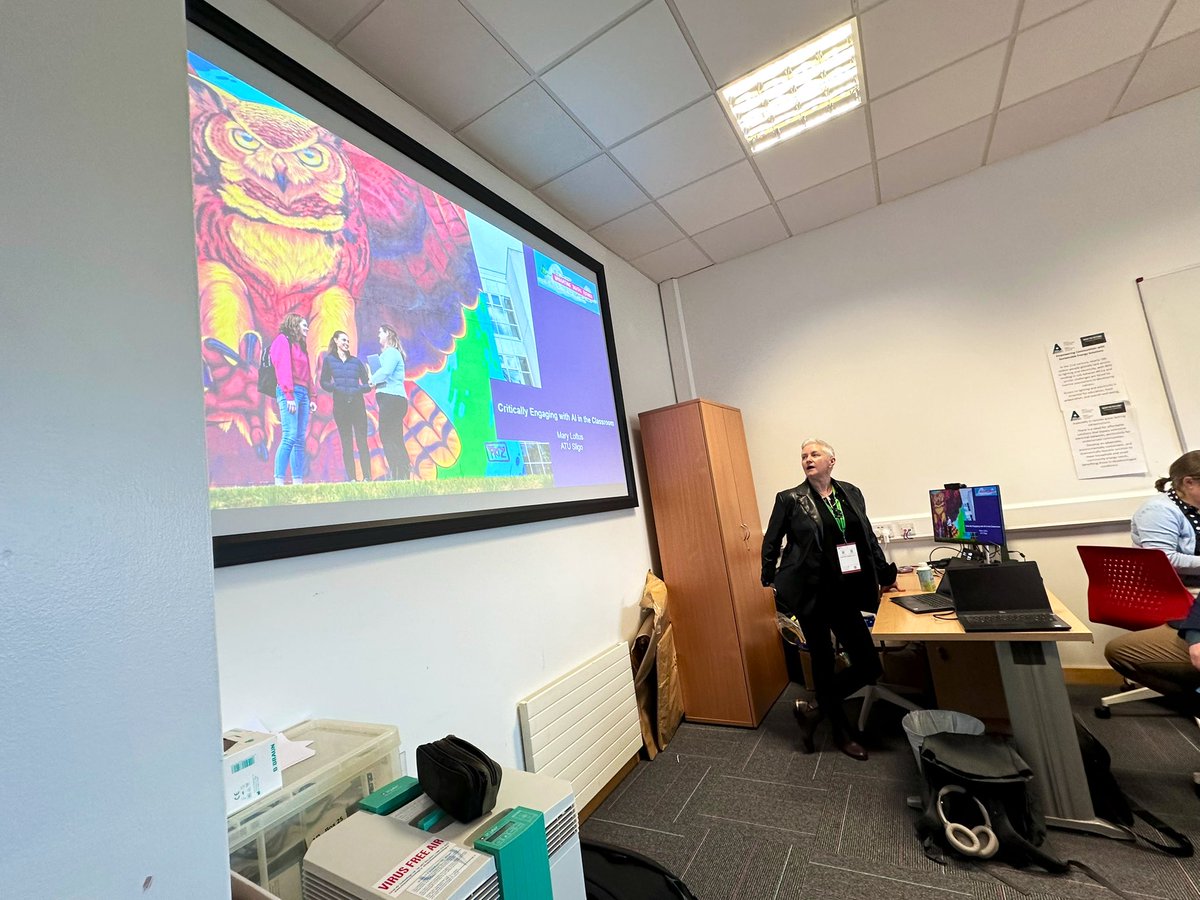 cesitweets's tweet image. Standing room only for @marloft talk about Critically Engaging AI in the Classroom. She starts with Athena’s Owl, saying we all need an owl on our shoulder. Message received, Mary! #CESIcon