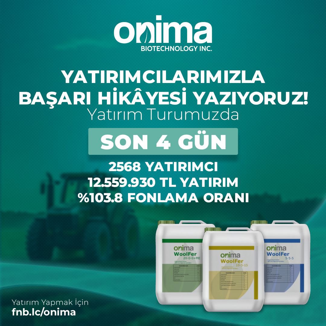 Yatırım turumuzda son 4 gün! 
Kitle fonlama yatırım turumuzda son 4 gün! 
2568 yatırımcımızdan aldığımız 12.559.930 TL yatırım ile %103.8 fonlama oranına ulaştık. Kitle fonlama yatırım turumuz devam ediyor. 
Yatırımcımız olmak için: fnb.lc/onima
<a href="/fonbulucu/">fonbulucu</a>