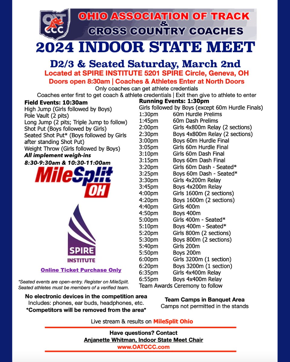 The OATCCC INDOOR TRACK & FIELD STATE CHAMPIONSHIP TIME SCHEDULE for Saturday!!!!