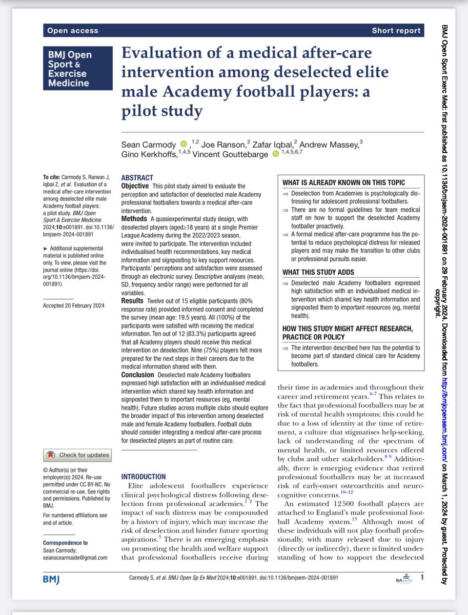 Key findings: - High satisfaction rates (100%) from players receiving this support ->80% felt that all released Academy players should receive this -Football clubs should consider integrating a medical after-care process for deselected players as part of routine care.