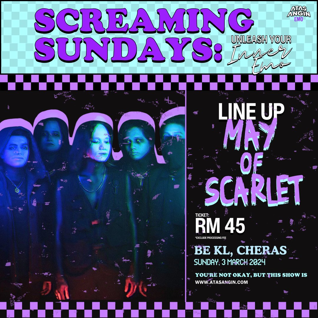Atas angin emo present Screaming Sundays with: 

Servants
Playburst 
kosmik
Patriots
Sadkl

atasangin.com/event-ticket/p…