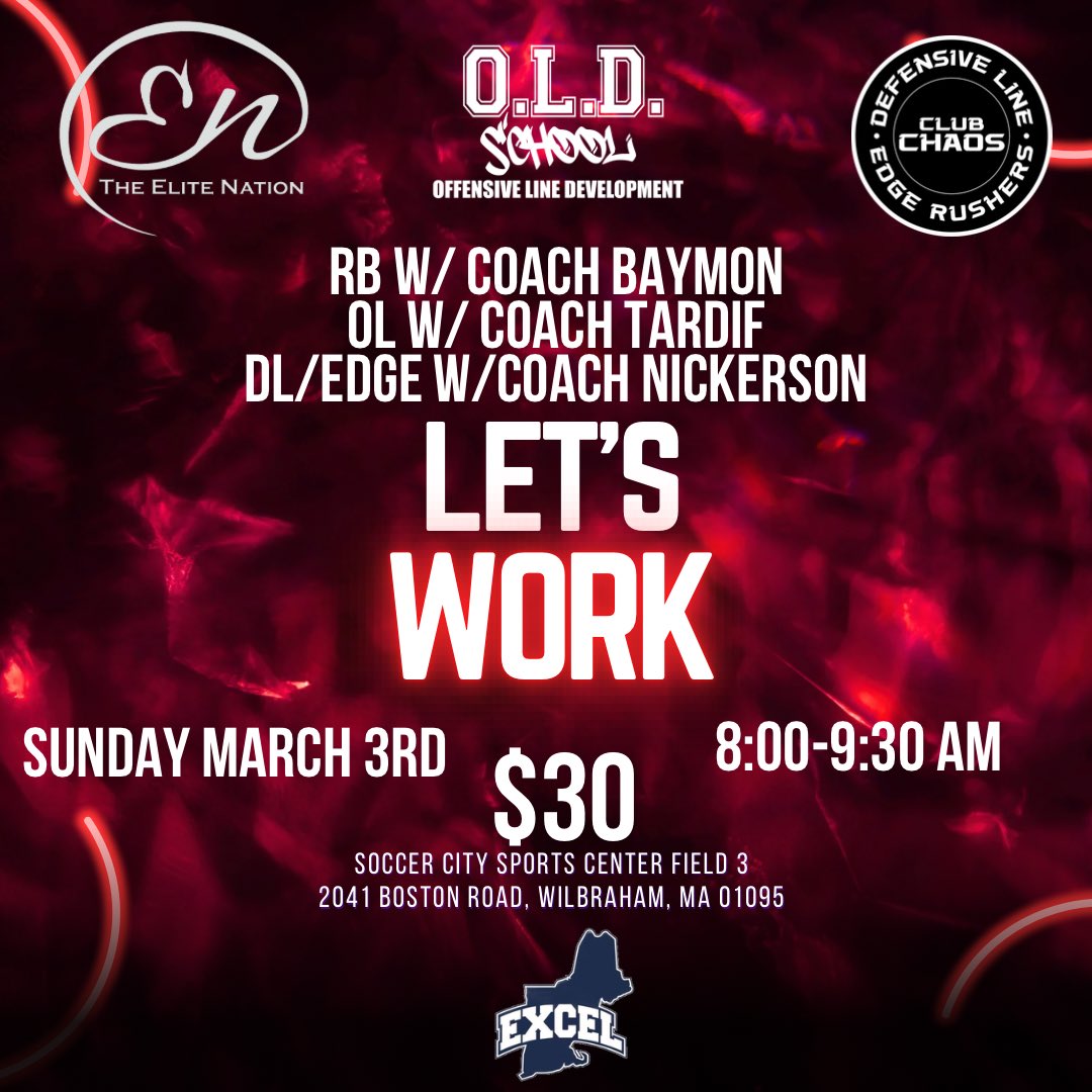 Come work Sunday AM with @ESAofMass ! RB with @SolomonBaymon OL with @NicTardif DL/EDGE with @CoachWNickCC Soccer City Sports Center 2041 Boston Road, Wilbraham, MA 01095 8:00-9:30 AM $30 Registration at Door