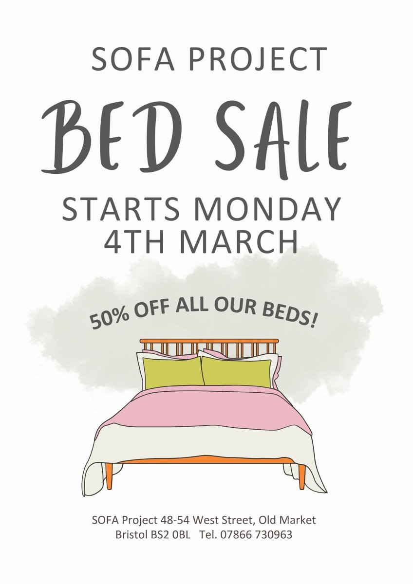 Sofa_Project's tweet image. Our epic 50% off bed sale starts this Monday 4 March!! A huge selection of beds to choose from - grab a bargain at our West Street shop #BedSale #BristolBedSale #FurnitureSale #BristolCharityShop #ReuseRecycle #ReusedFurniture