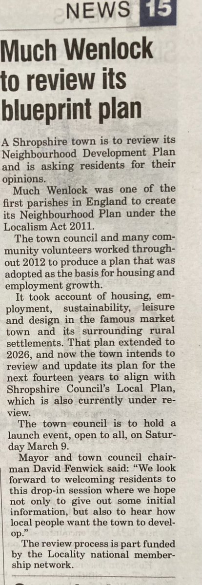 Good to see the launch event of the Much Wenlock Neighbourhood Plan Review getting some coverage. 10am - 4pm next Saturday 9th March at Priory Hall. bit.ly/3uSDkdC