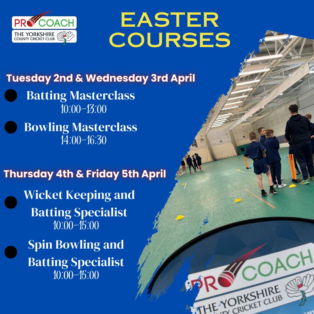 Yorkshire Cricket Coaching ๐ (@yorkscoaching) on Twitter photo We are pleased to announce our Easter courses are now LIVE on our website.
Perfect way to prepare for the season ahead!
๐
๐๐๐ ๐๐๐ฏ๐๐ฅ ๐ (๐๐๐ฏ๐๐ง๐๐๐) ๐๐จ๐๐๐ก๐๐ฌ leading every session
Link below to our booking page for more details
procricketcoachingacademy.com/booking/ We are pleased to announce our Easter courses are now LIVE on our website.
Perfect way to prepare for the season ahead!
๐
๐๐๐ ๐๐๐ฏ๐๐ฅ ๐ (๐๐๐ฏ๐๐ง๐๐๐) ๐๐จ๐๐๐ก๐๐ฌ leading every session
Link below to our booking page for more details
procricketcoachingacademy.com/booking/