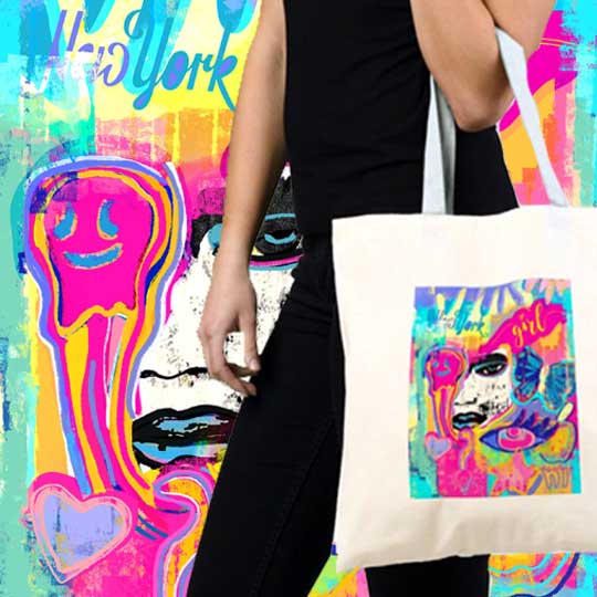 It's #womensmonth - a special print and tote bag titled NYC Girl Derived from gel print x digital painting. #Illustration #digitalpainting #colors @sharonvolpeartwork for more