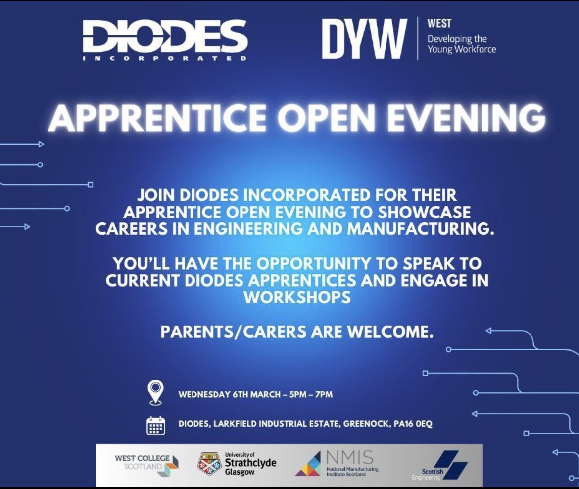Apprenticeship Degrees @ Strathclyde (@strathgada) on Twitter photo As part of Scottish Apprenticehsip week, <a href="/DiodesInc/">Diodes Incorporated</a> are hosting apprenticeship evening to showcase the fantastic careers on offer within their organisation π
π Wednesday 6th March
β±οΈ 17:00 - 19:00
#ScotAppWeek24 #apprenticeships As part of Scottish Apprenticehsip week, <a href="/DiodesInc/">Diodes Incorporated</a> are hosting apprenticeship evening to showcase the fantastic careers on offer within their organisation π
π Wednesday 6th March
β±οΈ 17:00 - 19:00
#ScotAppWeek24 #apprenticeships