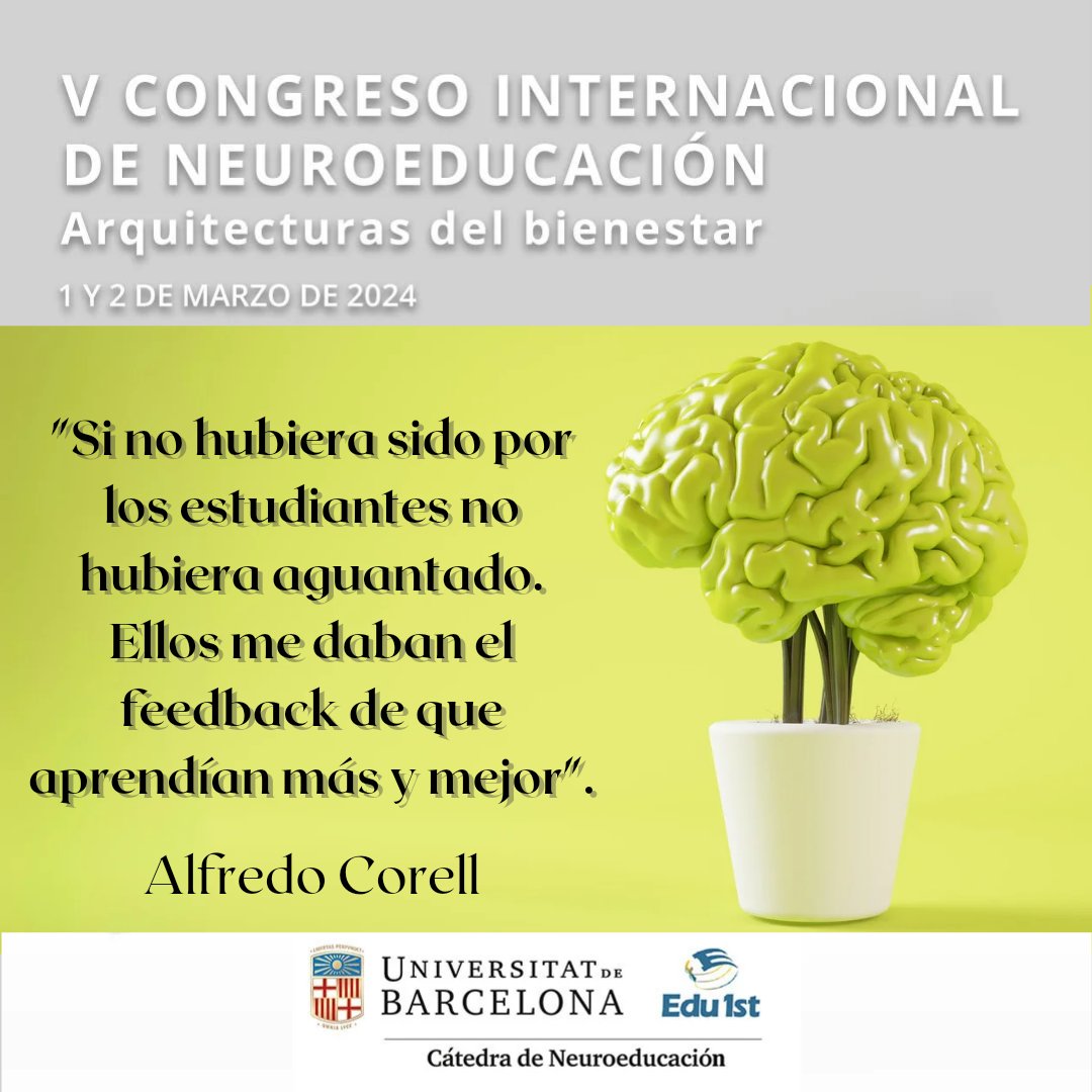 "Si no hubiera sido por los estudiantes no hubiera aguantado. Ellos me daban el feedback de que aprendían más y mejor." (Alfredo Corell)
#5CongresoNEUROEDU
#neuroEDU
#brainTalk
#brainNet
#bienestar
#neuroarquitectura
#salud
#openbrain  
#neuroeducacion
@Edu1st
<a href="/NEDUblog/">NEDUblog</a>