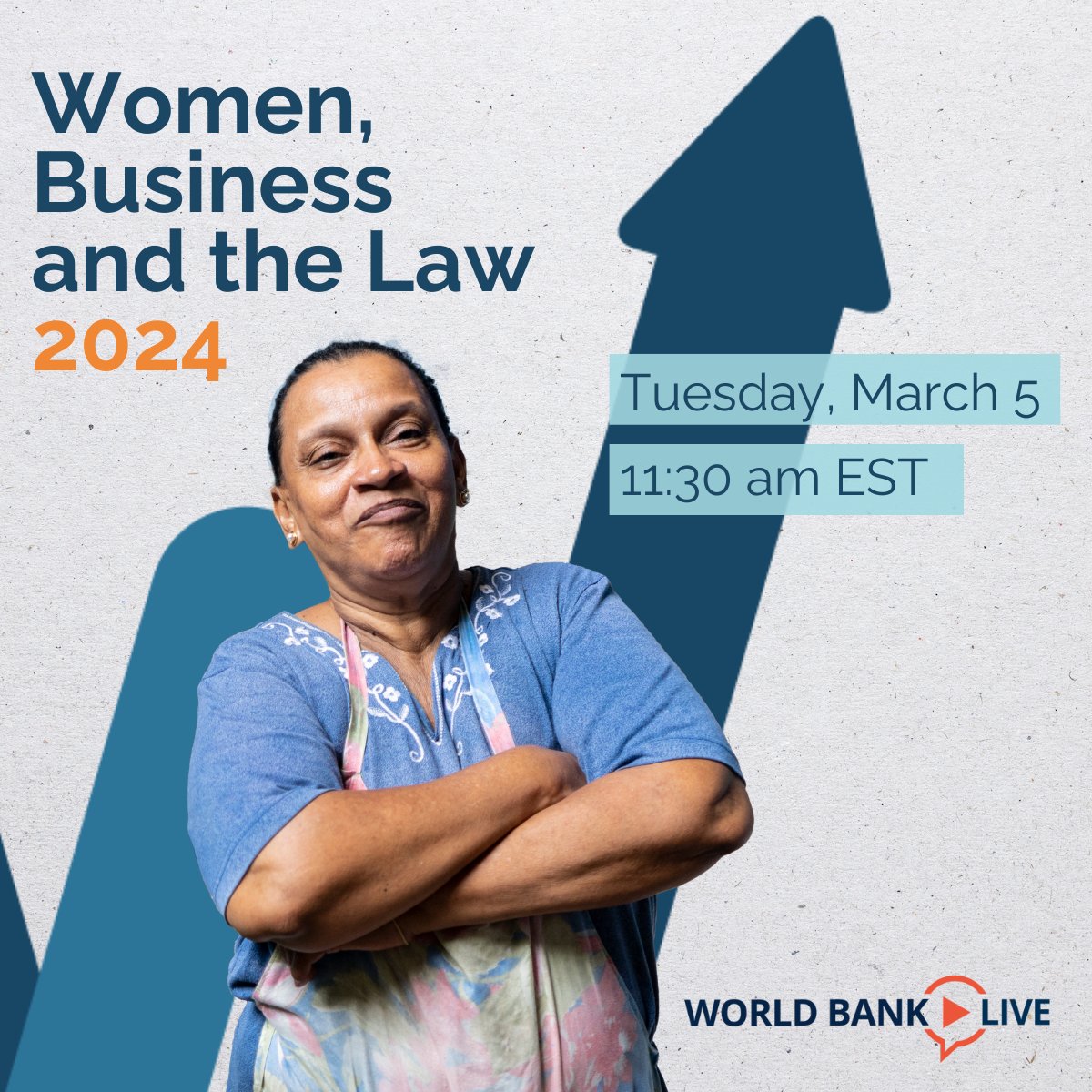MARCH 5: Join the live launch of the #WomenBizLaw report.
 
For the first time, the report analyzes not only the pace of legal reforms to #AccelerateEquality & economic opportunity for women but also countries’ efforts to implement those laws.

📺wrld.bg/RWsK50QJSik #IWD2024