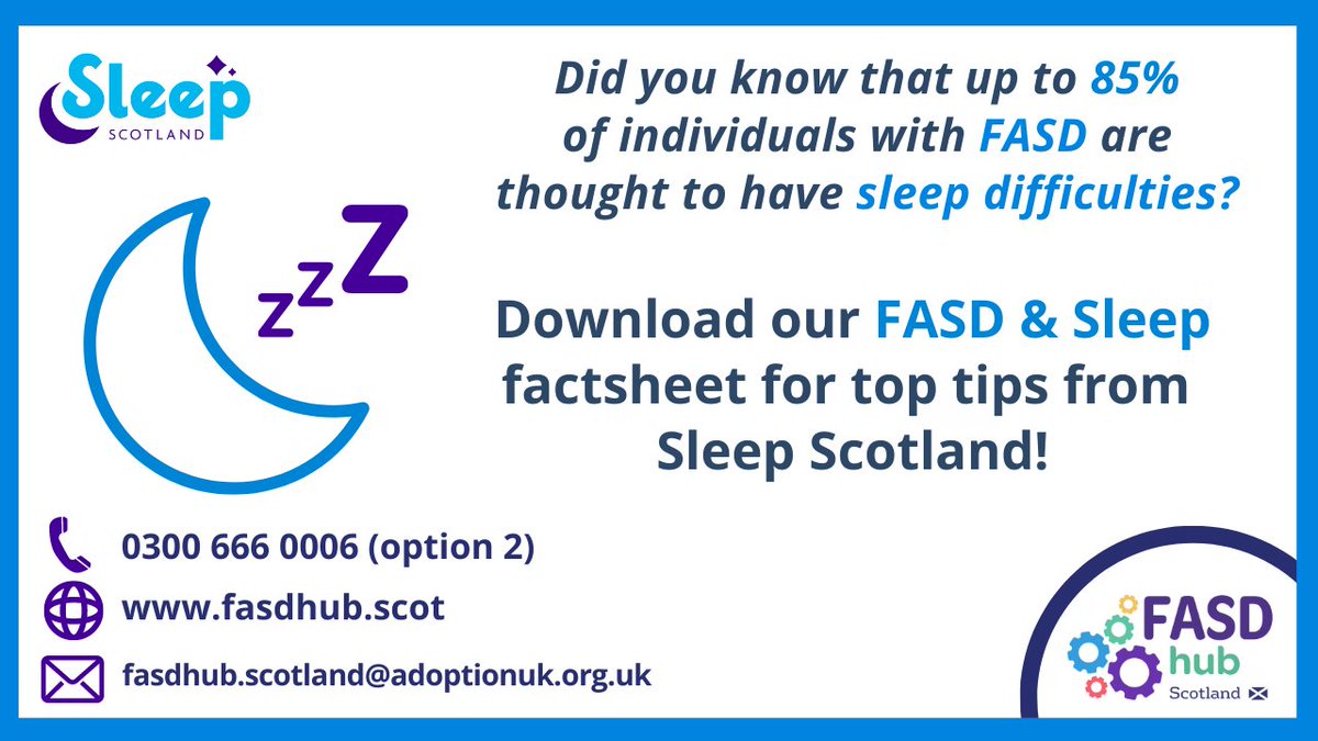 Working in partnership with @sleepscotland, who are members of the Scottish FASD Network, we are delighted to share our 'FASD & Sleep' factsheet. Read and download the factsheet now: ow.ly/n8Ol50QHJxO #FASD #FASDHubUK #FASDWorkingTogether