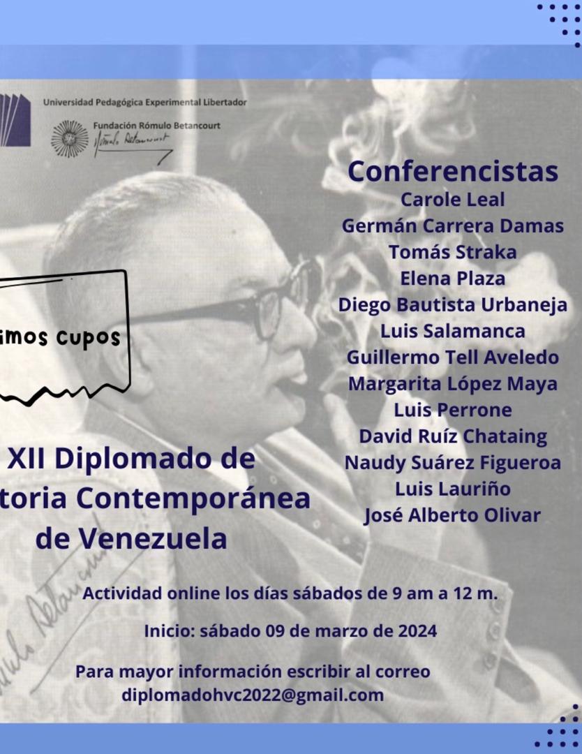 NUNCA ME CANSARÉ DE RECOMENDAR ESTE PORTENTOSO DIPLOMADO, q'comienza el sábado 9 d' marzo. ¡La semana q'viene! Cursé el XI: Extraordinario. Este es el XII y para mañana es tardeℹ️: diplomadohvc2022@gmail.com <a href="/FundaRB/">F. Rómulo Betancourt</a> <a href="/stoicheia/">carole leal</a> <a href="/thstraka/">Tomás Straka</a> <a href="/GTAveledo/">Guillermo T. Aveledo Coll 🇻🇪🎓</a> y Prof coordinador <a href="/JAOlivarp/">José Alberto</a>.