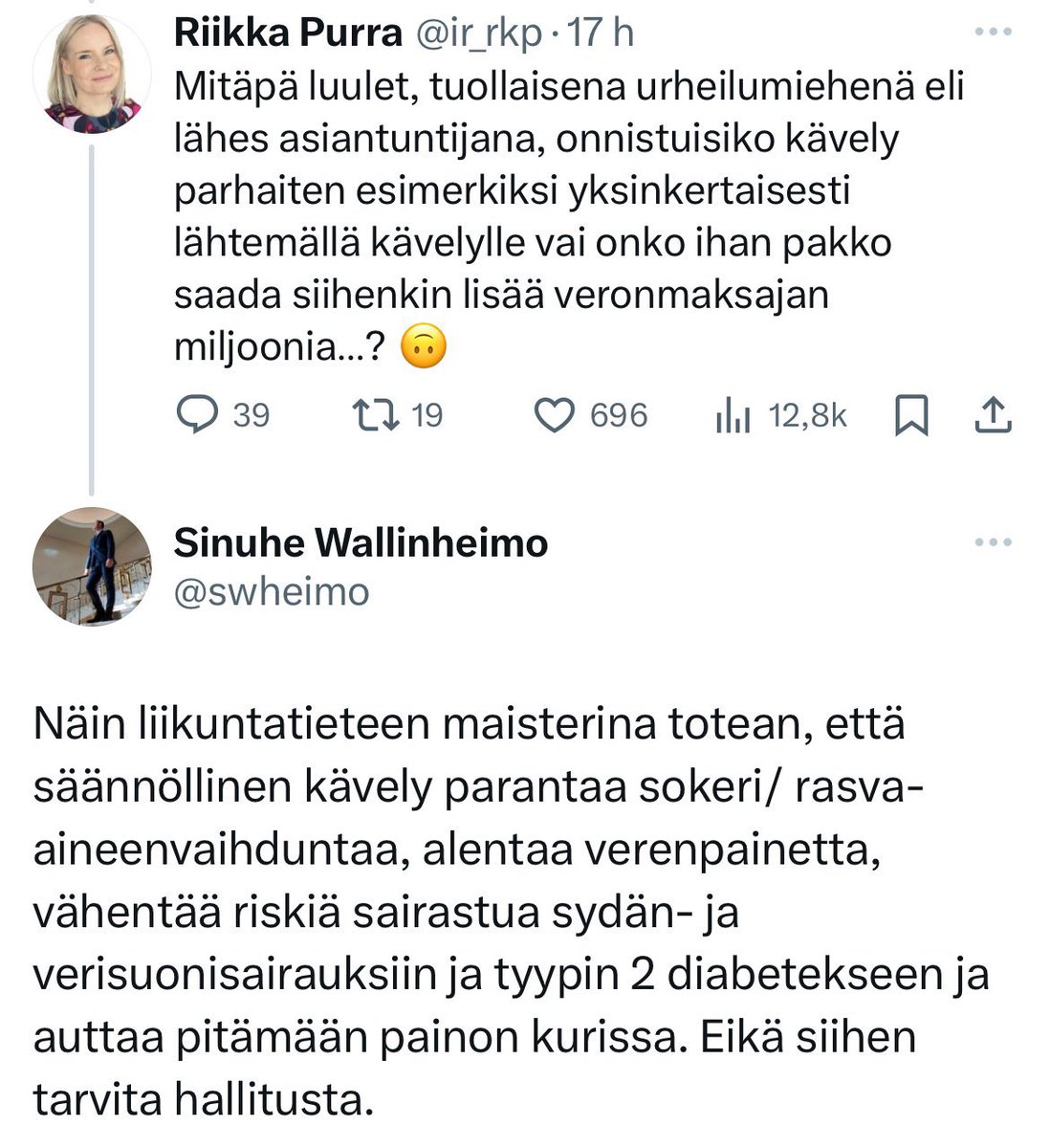 Jokainen autolla liikuttu kilometri aiheuttaa yhteiskunnalle noin 0,10€/km KUSTANNUKSEN. Jokainen lihasvoimin liikuttu kilometri tuottaa yhteiskunnalle noin 0,15€/km HYÖDYN. Niinpä onkin pelkästään rationaalista leikata lihasvoimin liikkumisesta ja satsata autoiluun.