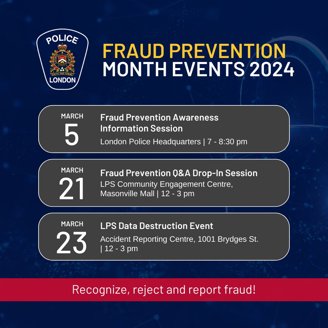 During #FraudPreventionMonth, the London Police Service has a number of events going on, including our Fraud Prevention Awareness Information Session, #FPM2024 Q&A Drop-In, & Data Destruction Event in partnership with @DonateRecycleIT! Learn more: bit.ly/4bV7PAb #LdnOnt