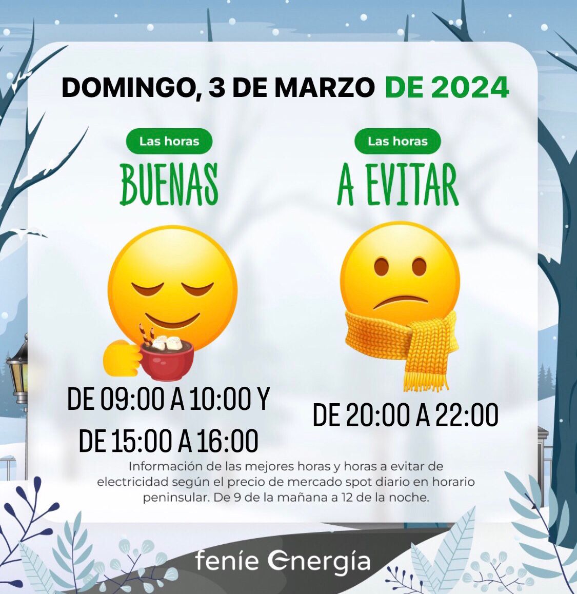 🟢 ¡Aquí las tienes! #LasBuenasHoras de hoy para ayudarte con tu factura. #FeníeEnergía