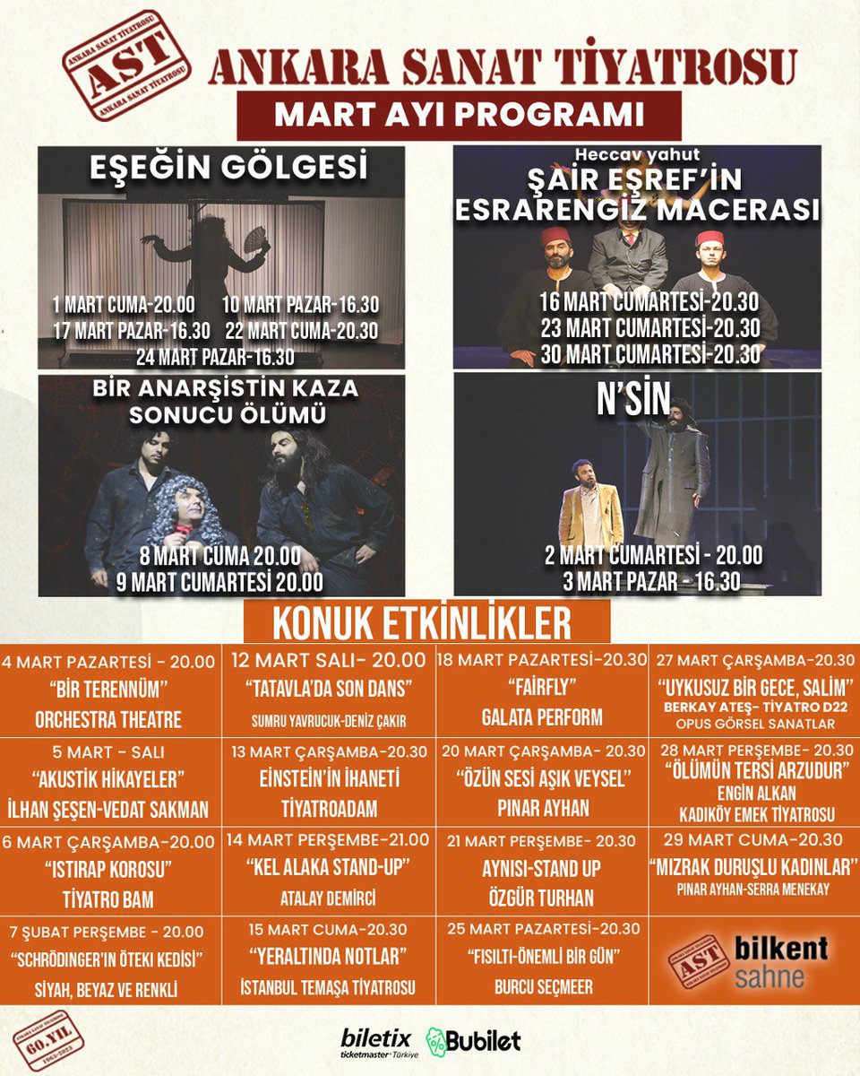 📣 Mart Ayı Programı 📣 -Heccav yahut ŞAİR EŞREF'İN ESRARENGİZ MACERASI -Eşeğin Gölgesi -N'SİN -Bir Anarşistin Kaza Sonucu Ölümü 📍 AST Bilkent Sahne 📅 MART 🎟 Biletix, Bubilet, Gişe #ankara #tiyatro #etkinlik #biletix #bubiletsenin biletix.com/mekan/TI/ANKAR…