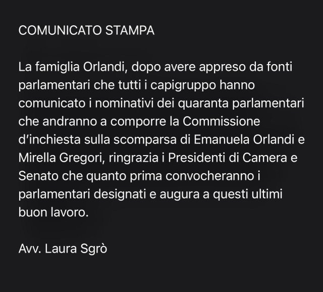 Commissione d'inchiesta su Emanuela Orlandi e Mirella Gregori: 'La famiglia Orlandi, appreso che tutti i capigruppo hanno nominato i 40 parlamentari, ringrazia i presidenti di Camera e Senato che quanto prima convocheranno i componenti, ai quali augura buon lavoro'.

#chilhavisto