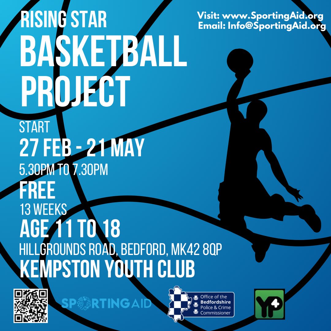 Last week we had over 35 young people join us at our Rising star basketball project. 

🏀 Join us every Tuesday! It’s FREE, Just turn up and play!

We would like to say a massive thank you to our partners @BedsOPCC <a href="/4YPUKLtd/">4YP Central Beds</a> <a href="/YouthBedford/">Youth Bedford</a> 

SportingAid.org for more info.